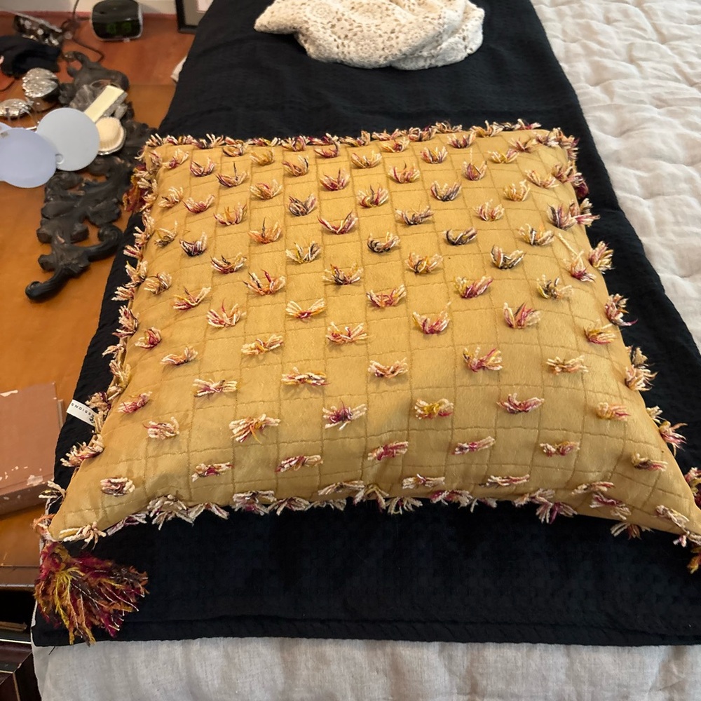 Mustard Yellow Tassel Accent Pillow. Silk down filled